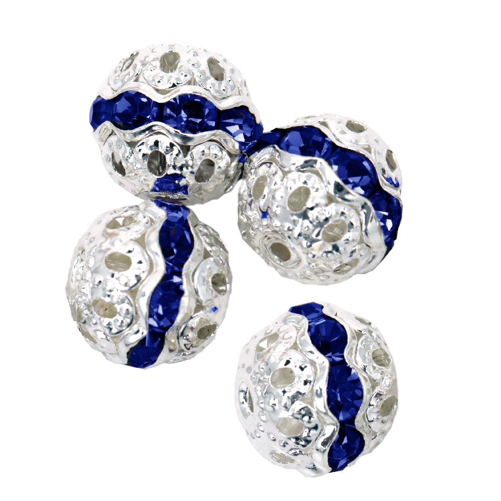 Metal ball with crystals blue dark 10 mm hole 1 mm color white