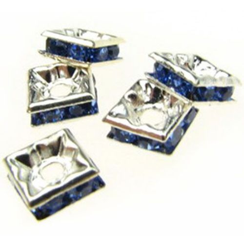 Square separator metal beads with blue crystals 6x6x2.5 mm hole 1 mm (quality A) color white - 5 pieces