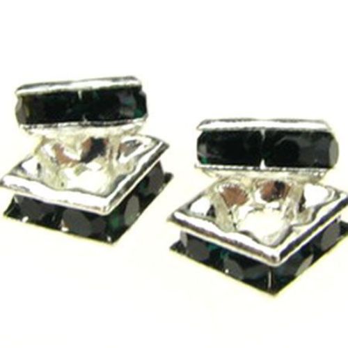 Square Metal Spacer Bead with Dark Green Crystals (Quality A) / 6x6x2.5 mm, Hole: 1 mm - 5 pieces