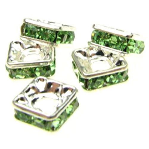 Metal Square Spacer Bead with High Quality Crystals, 7x7x3 mm, Hole: 2 mm, Silver with Green Crystals -5 pieces