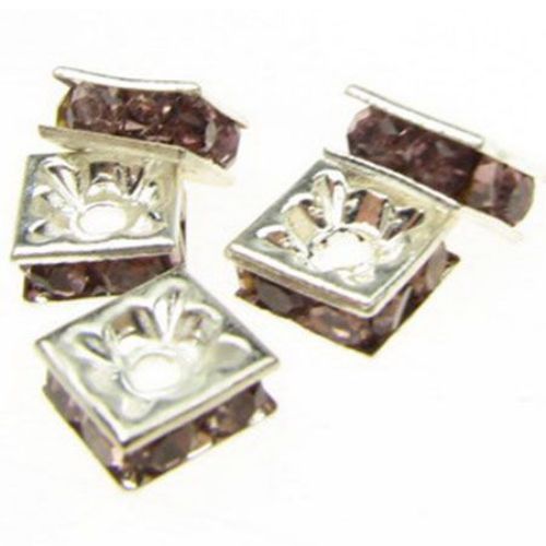 Square metal beads with pink crystals 8x8x4 mm hole 1 mm (quality A) color white - 5 pieces