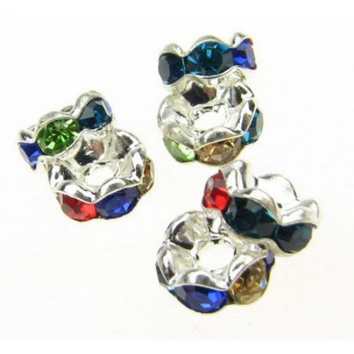 Metal beads divider with mixed  crystals zig zag 6x3 mm hole 1 mm (quality A) color white -10 pieces