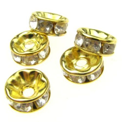 Metal flat round beads with crystals for DIY jewelry and accessories 8x3.5 mm hole 1.5 mm (quality B) color gold - 10 pieces