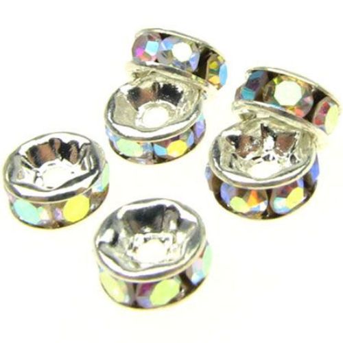 Metal Washer Spacer Bead with High Quality Crystals, 6x3 mm, Hole: 1 mm, Silver RAINBOW -10 pieces