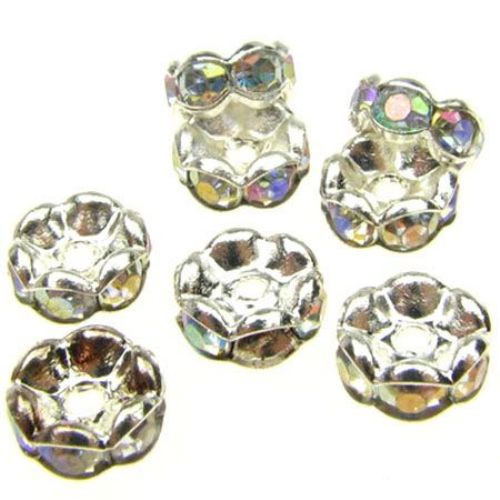 Metal beads, flat round disc with rainbow crystal zig zag 6x3 mm hole 1 mm (quality A) color white - 10 pieces