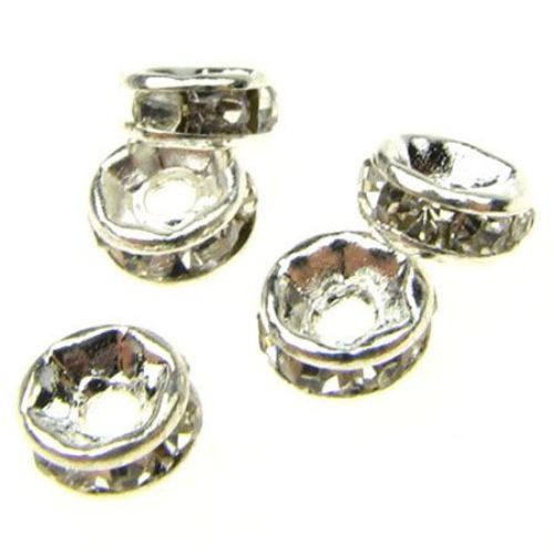 Metal beads, flat round divider with crystals 5x2 mm hole 1 mm (quality A) color white - 10 pieces
