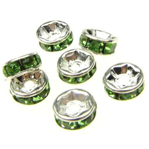 Metal washer with green crystals 6x3 mm hole 1 mm (quality A) color white -10 pieces
