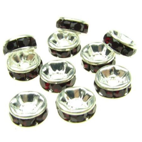 Metal Washer Spacer Bead with High Quality Crystals, 6x3 mm, Hole: 1 mm, Silver with Dark Red Crystals -10 pieces