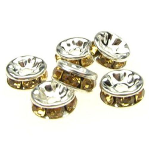 Round metal beads,  flat spacer with brown crystals 8x3.5 mm hole 1.5 mm (quality A) color white - 10 pieces