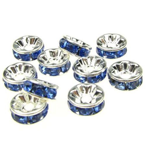 Metal Washer Bead with Blue Crystals (quality A), Spacer Bead for Jewelry Accessories, 8x3.5 mm, Hole: 1.5 mm, Silver -10 pieces