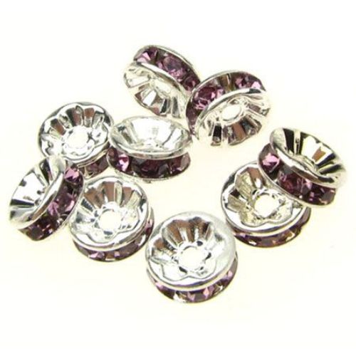 Шайба метал с лилави кристали 8x3.5 мм дупка 1.5 мм (качество А) цвят бял -10 броя