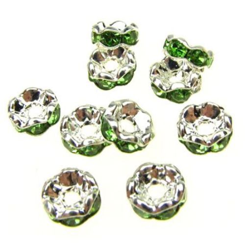Metal Washer Bead with Green Crystals (quality A), Spacer Bead for Jewelry Findings, 6x3 mm, Hole: 1.5 mm, Silver -10 pieces