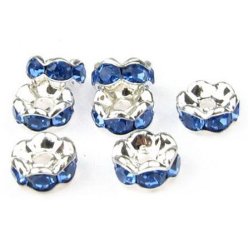 Jewelry metal findings, washer with blue crystals zig zag 6x3 mm hole 1.5 mm (quality A) color white - 10 pieces