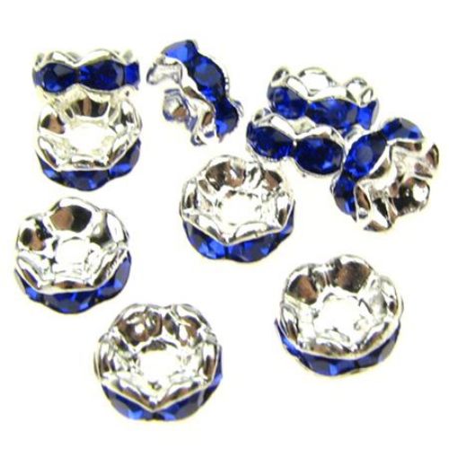 Metal washer spacer, beads with dark blue  crystals, zig zag 6x3 mm hole 1.5 mm (quality A) color white - 10 pieces