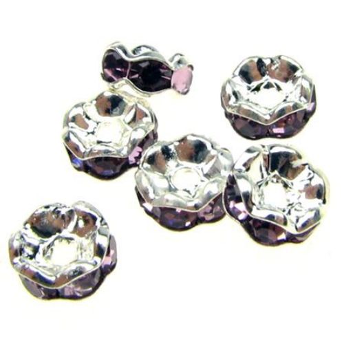 Metal jewelry components spacers with purple rhinestone  zig zag 6x3 mm hole 1.5 mm (quality A) color white - 10 pieces