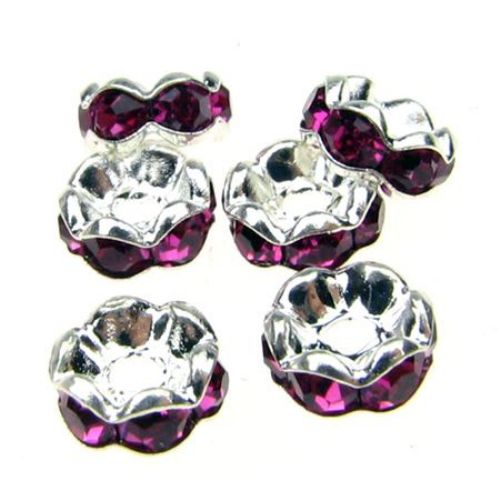 Metal Washer Spacer Bead with Dark Pink Crystals (quality A), 6x3 mm, Hole: 1.5 mm, Silver -10 pieces