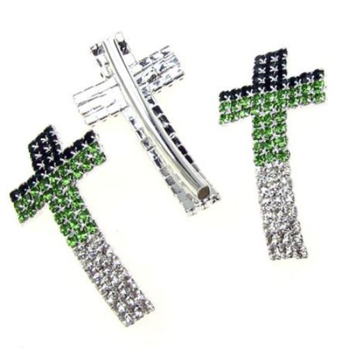 Curved Sideways Metal Cross with Crystals, Spacer Bead, White Silver, 35x19 mm, Hole: 1.5 mm