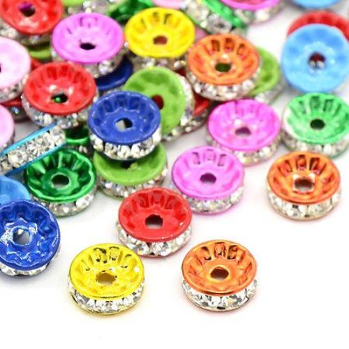 Metal washer bead, spacer with white crystals 10x4 mm hole 1 mm assorted colors - 10 pieces