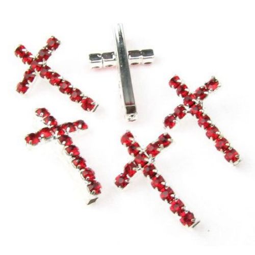 Metal bead, in shape of cross  with small red crystals for stinging 20x13 mm 