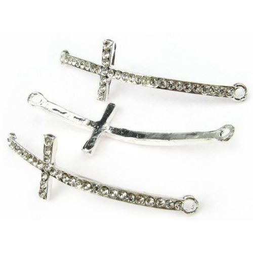 Metal jewelry finding, cross connecting element with clear crystals 52x16 mm hole 2 mm color silver