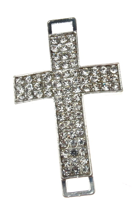 Metal connecting element, in cross shape with rhinestones 46x28x8 mm hole 5x3 mm silver color