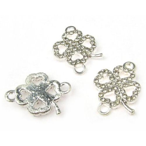 Four-leaf clover, metal connecting element with glossy crystals  21x16 mm hole 2.5 mm color white - 2 pieces
