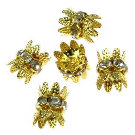 Metal crown shape beads, washer with crystals for handmade beadwork 10x8 mm hole 1 mm gold color