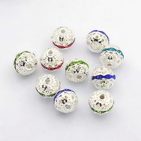 Metal charm, ball shape 10 mm hole 1 mm color white with assorted crystals