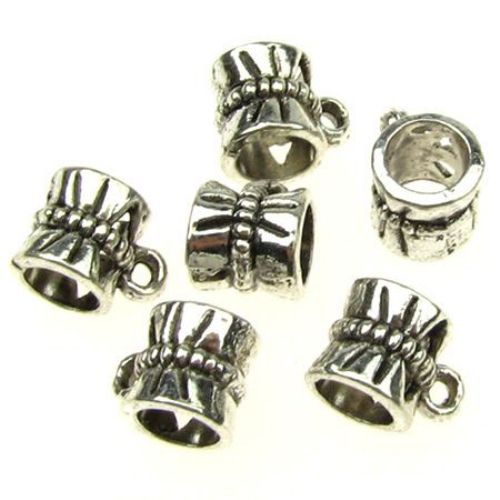 Metal cylinder shaped connector with ring for handmade jewelry making 10x7.5x7 mm hole 2 mm 5 mm color old silver - 20 pieces