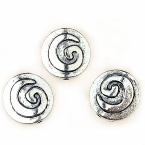 Metal Coin-shaped Bead with Spiral Ornament, 15 mm, Hole: 1 mm, Silver -10 grams -4 pieces