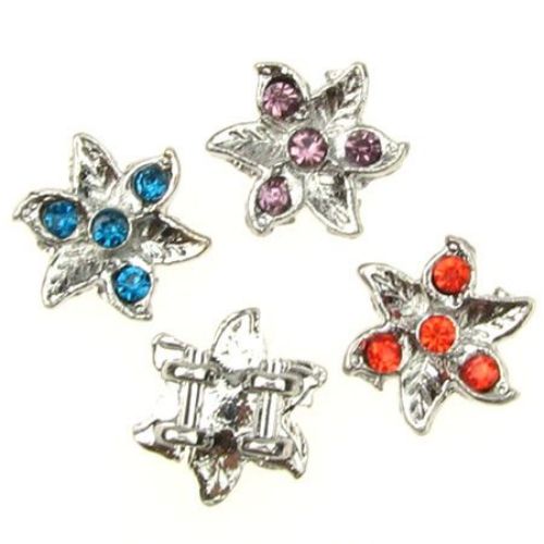 Flower shape metal bead, divider with crystals assorted 14x5 mm hole 2 mm color white - 4 pieces