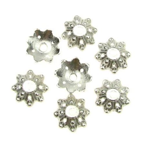 Metal Flower Bead Caps, 9x2.5 mm, Hole: 1 mm, Silver -50 pieces -7.80 grams