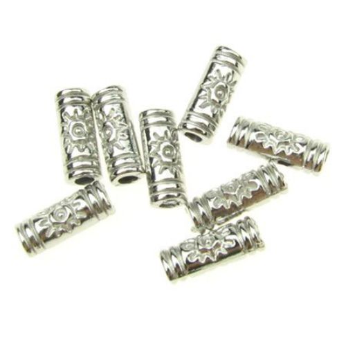 Metal Engraved Cylinder Bead,  9.5x3.5 mm, Hole: 2 mm, Silver -25 pieces