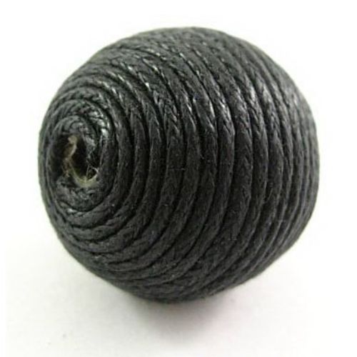 Ball-shaped Bead covered with Cotton Cord, 16 mm, Hole: 2 mm, Black -5 pieces