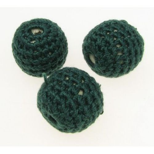 Ball-shaped Bead covered with  Textile, 20 mm, Hole: 2 mm, Green -5 pieces