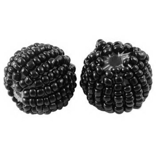 Ball-shaped Bead covered with Glass Seed Beads, 18 mm, Hole: 2 mm, Black -5 pieces