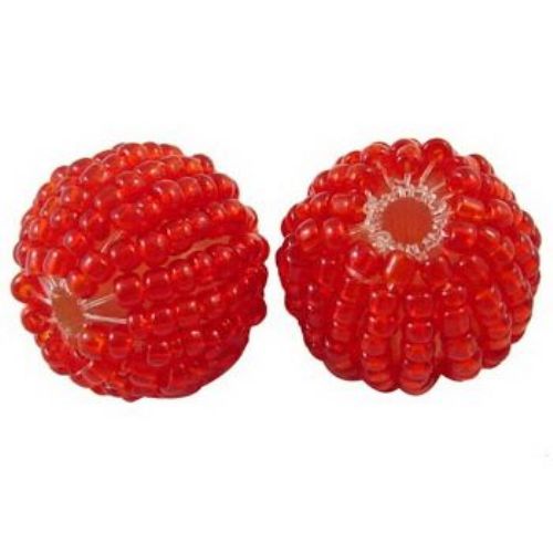 Ball-shaped Bead covered with Glass Seed Beads, 18 mm, Hole: 2 mm, Red -5 pieces