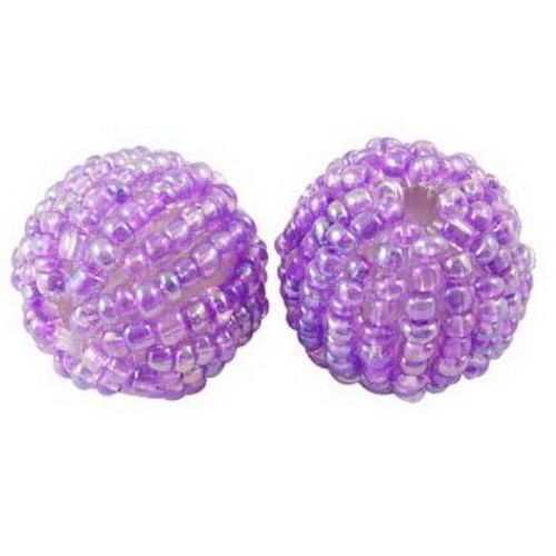 Ball-shaped Bead covered with Glass Seed Beads, 18 mm, Hole: 2 mm, Purple -5 pieces