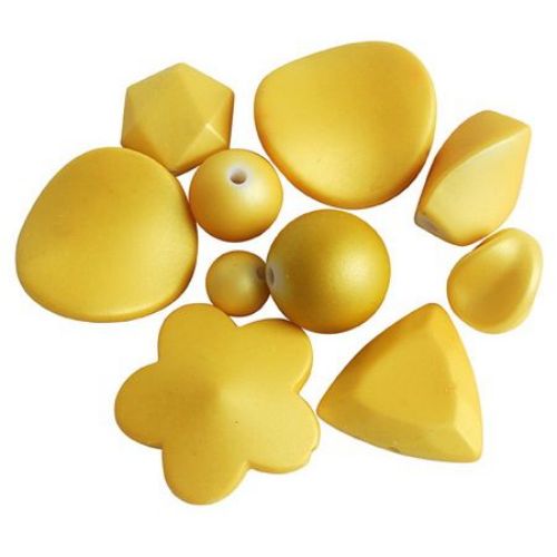 ASSORTED Plastic Beads with Rubber Coating, 6-48x6-35x5-22 mm,Yellow -50 grams