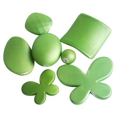 ASSORTED Plastic Beads with Rubber Coating, 6-48x6-35x5-22 mm, Light Green  -50 grams