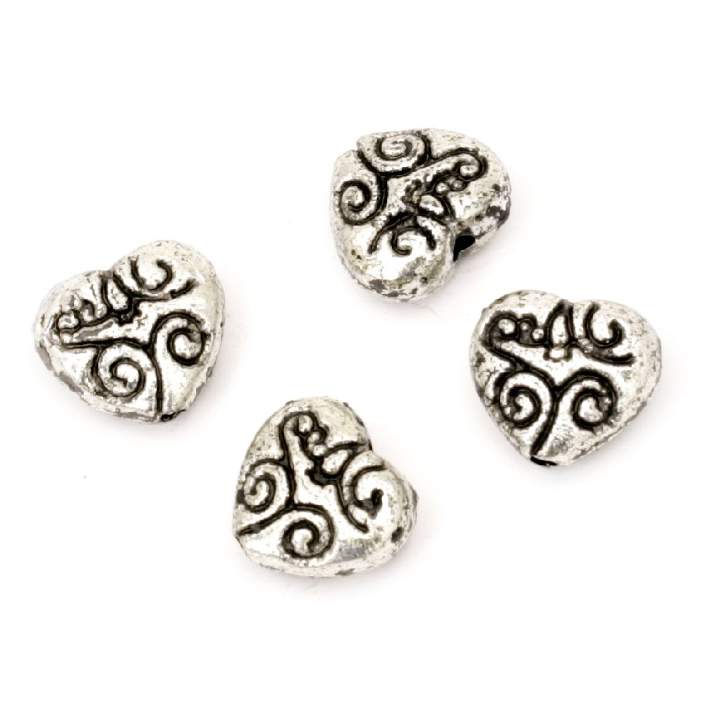 Plastic Metallized Heart Bead, 13.5x15x7 mm, Hole: 2 mm, Silver -50 grams ~ 62 pieces