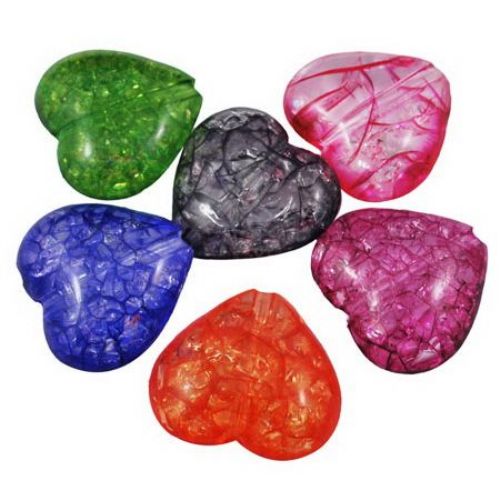 Plastic Heart Bead CRACKLE for DIY Jewelry and Decoration, 22x24x9 mm, Hole: 2.5 mm, MIX -49 grams ~ 18 pieces