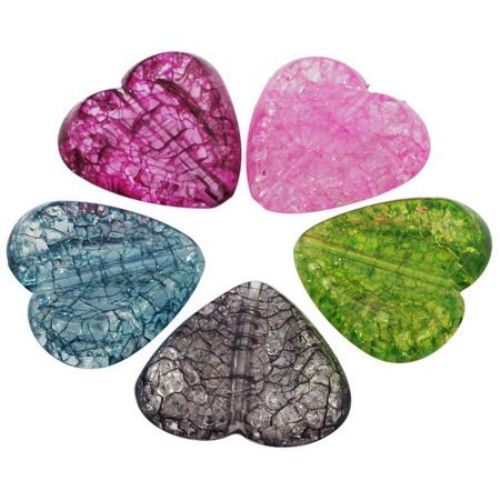 Plastic Heart Bead CRACKLE for Handmade Art, 30x32x11 mm, Hole: 2.5 mm, MIX -48 grams ~ 10 pieces