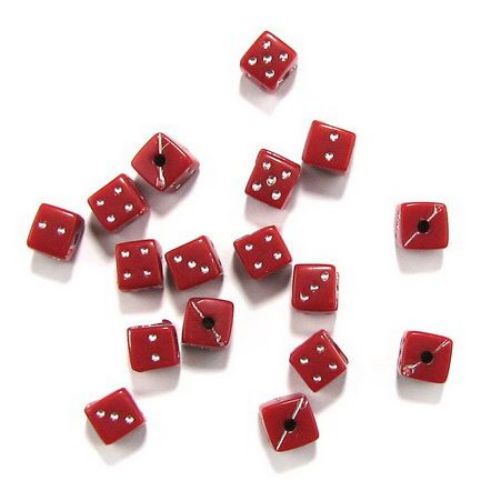 Plastic opaque Dice bead 6 mm hole 1.5 mm with imitation of pebbles, color red - 20 grams ~ 66 pieces 