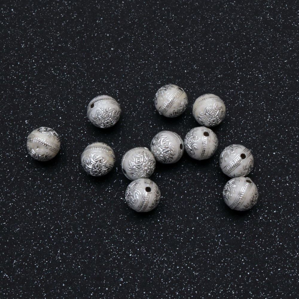 Ball, Silver Thread, 10 mm, hole 2 mm, white - 20 grams ~ 38 pieces