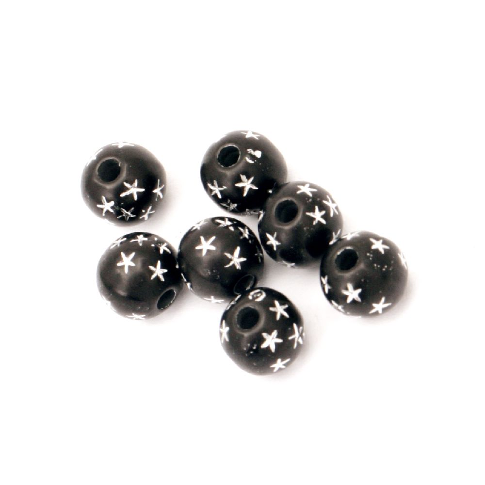 Opaque Acrylic Round Beads with silver-lined star 6 mm black - 50 grams, black ~ 465 pieces