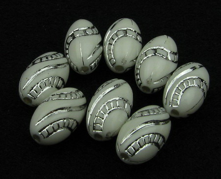Opaque Acrylic Oval Beads with Silver Line, 13x8 mm hole 2 mm white - 50 grams ~ 120 pieces
