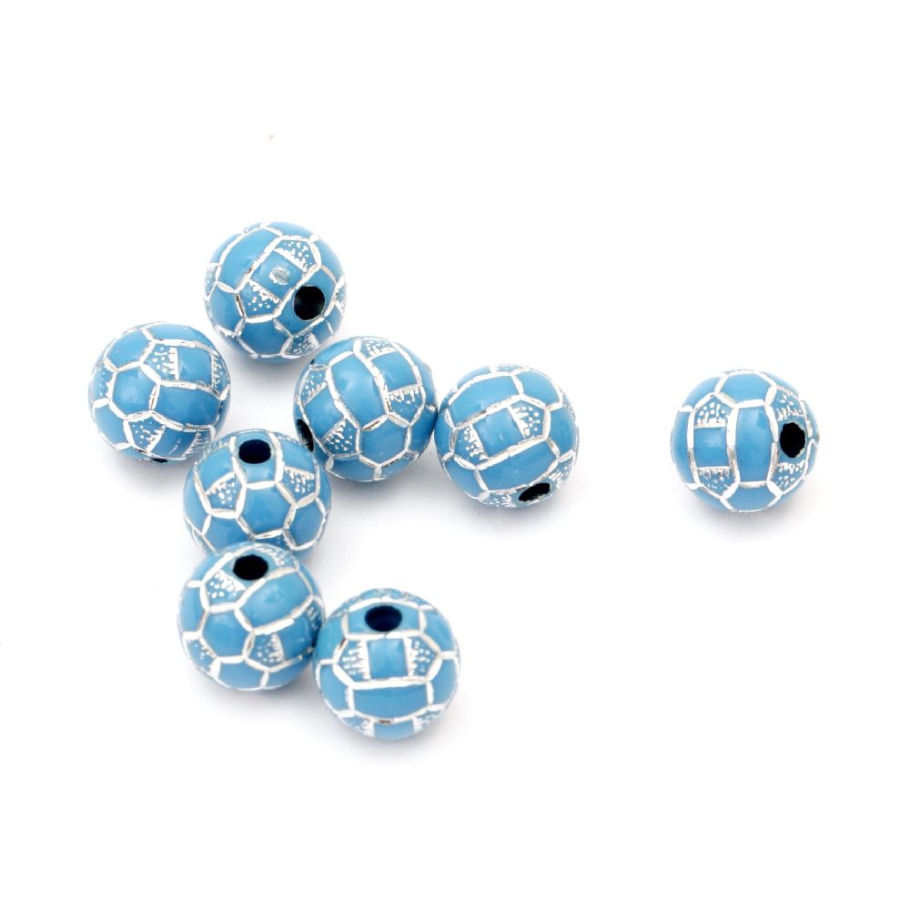 Мънисто сребърна нишка топче футбол 10 мм дупка 2 мм синьо -50 грама ~90 броя