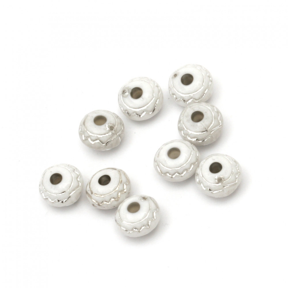 Opaque Acrylic washer Beads with Silver Linе, White 8x5 mm, hole 2 mm - 50 grams ± 280 pieces