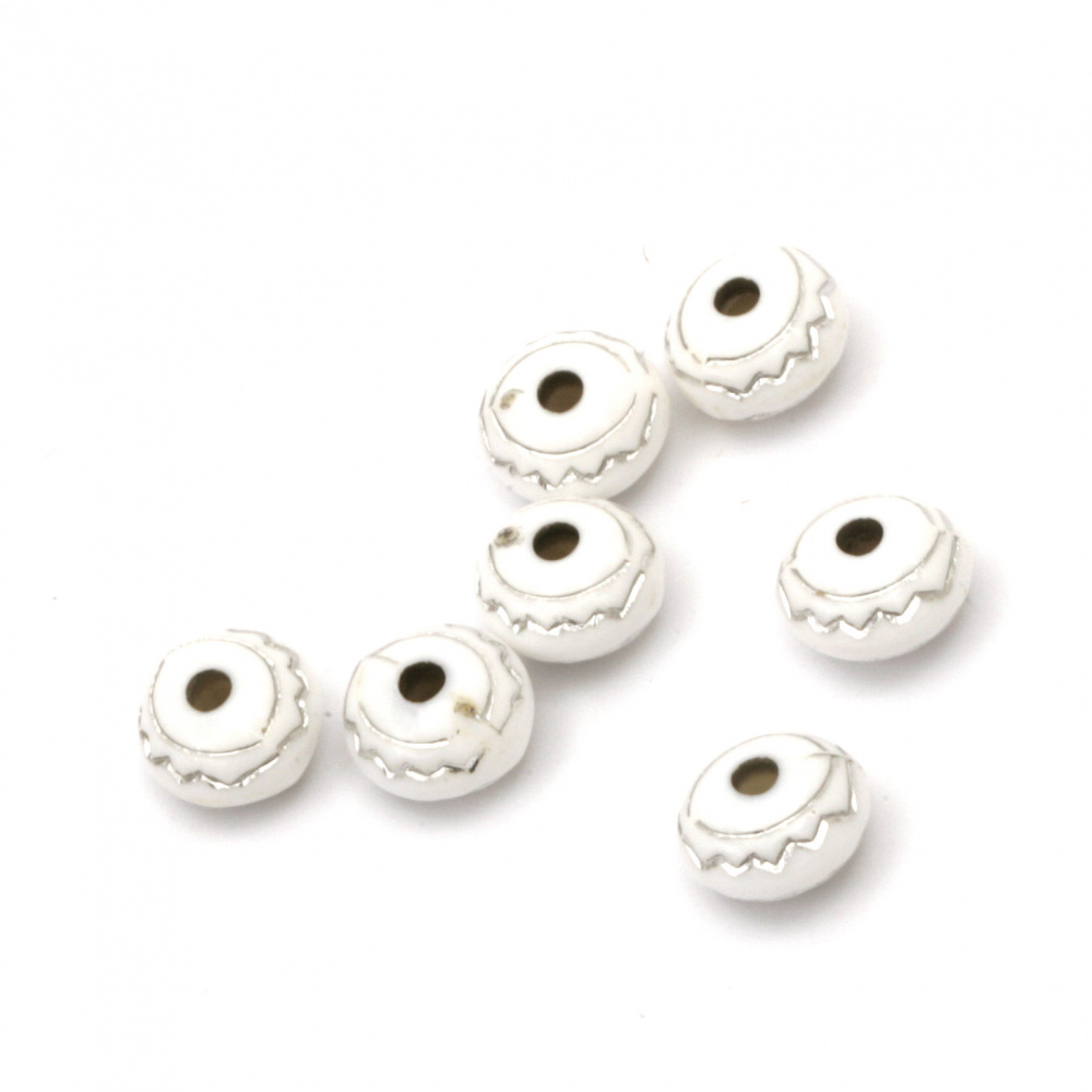 Opaque Acrylic washer Beads with Silver Line, White 10x6.5 mm, hole 2 mm - 50 grams ± 130 pieces